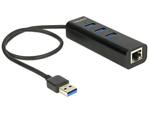 USB хъб Delock 3 x USB 3.0 + 1 порт Gigabit LAN Черен