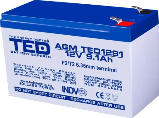 Оловна батерия TED ELECTRIC AGM 12V 9Ah  151/ 65/ 94 mm Терминал2